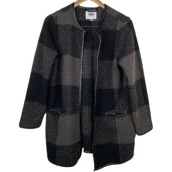 OLD NAVY WOMEN'S BLACK/GRAY FAUX LEATHER TRIM WOOL CARDIGAN JACKET SMALL-NICE! - Picture 1 of 6